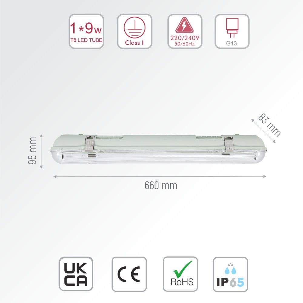 Size and specs of Tri-Proof Anti Corrosive Batten Light Fitting For 2ft LED T8 Tube IP65 1X9W 2x9W 660mm ABS Body PC Cover | TEKLED 167-03300