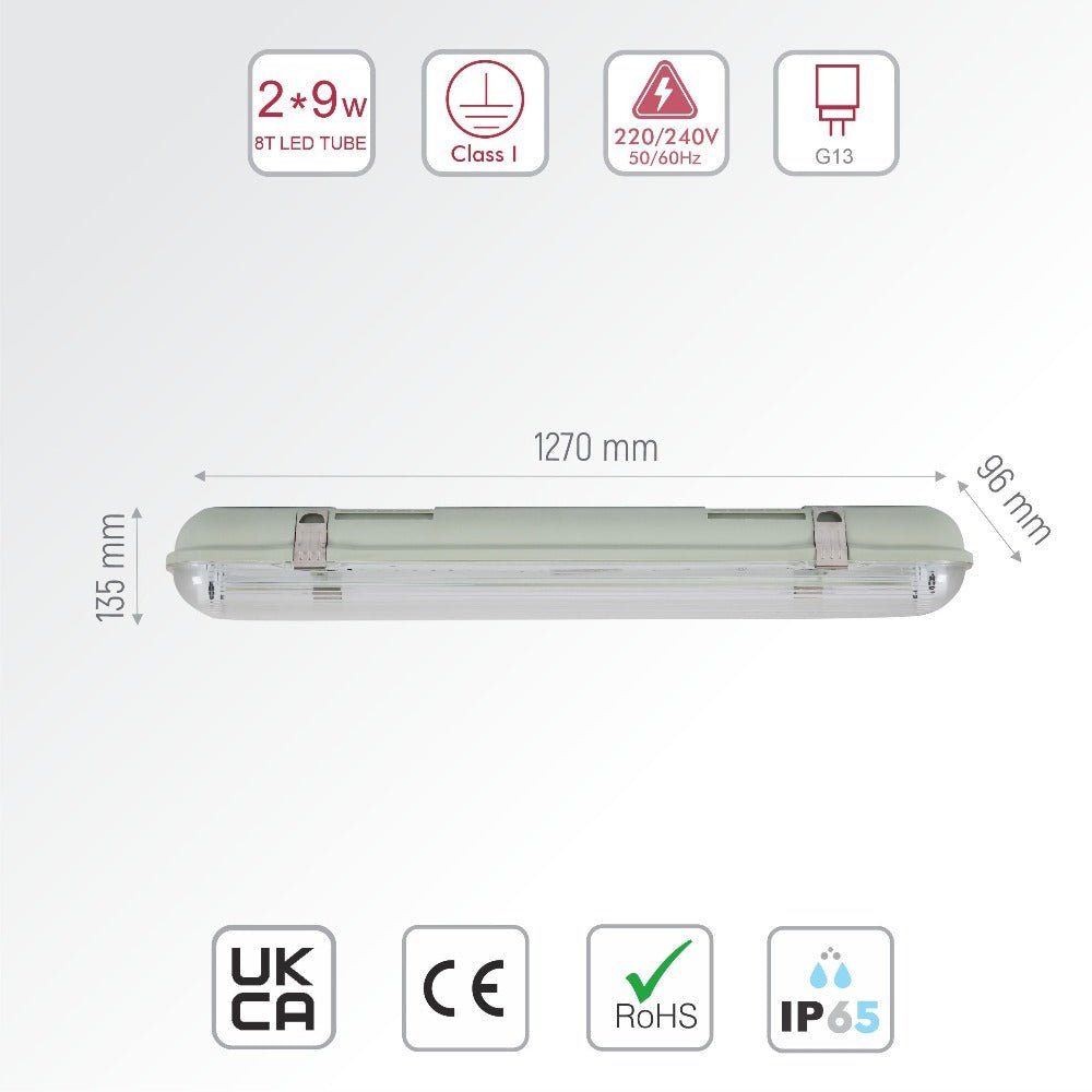 TEKLEDIP65 Batten Light FixtureWeatherproof Non Corrosive Fitting Batten Light For 2ft LED T8 Tube IP65 660mm ABS Body PC Cover167-03305Double Tube4