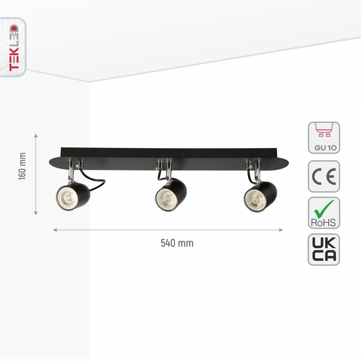 Size and specs of Wall and Ceiling Light Cone Chrome and Black with Cuboid Rose 3xGU10 | TEKLED 159-17790