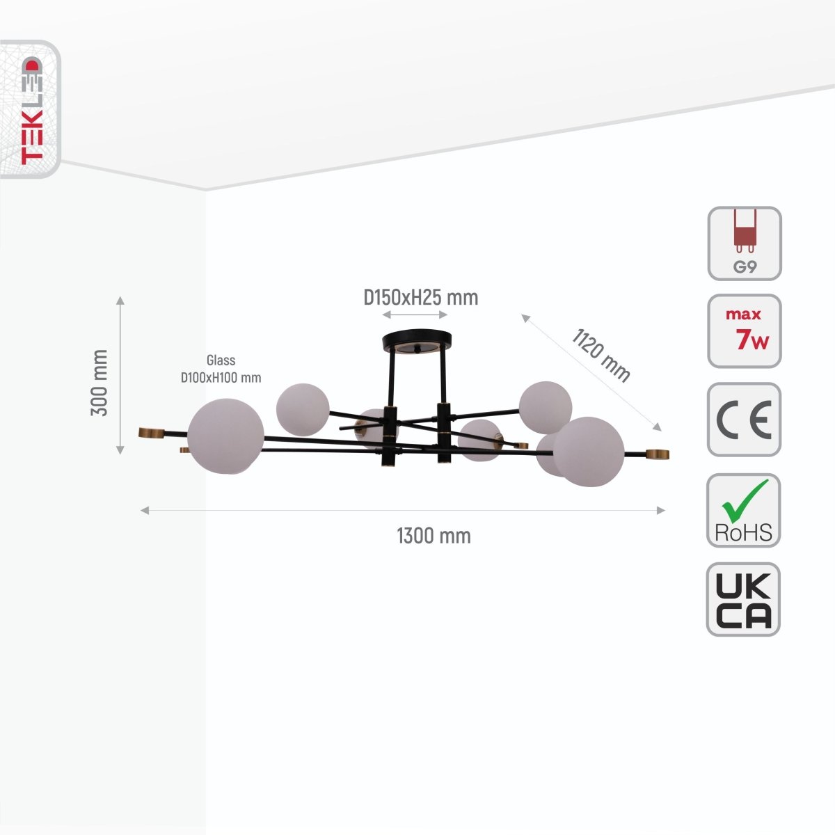 Size and specs of White Globe Glass Black Rod Body Semi Flush Ceiling Light 2-2 with 8xG9 Fitting | TEKLED 159-17542