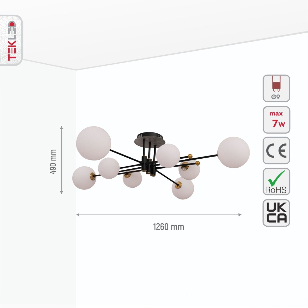 Size and specs of White Globe Glass Black Rod Body Semi Flush Ceiling Light 3-1 with 8xG9 Fitting | TEKLED 159-17546