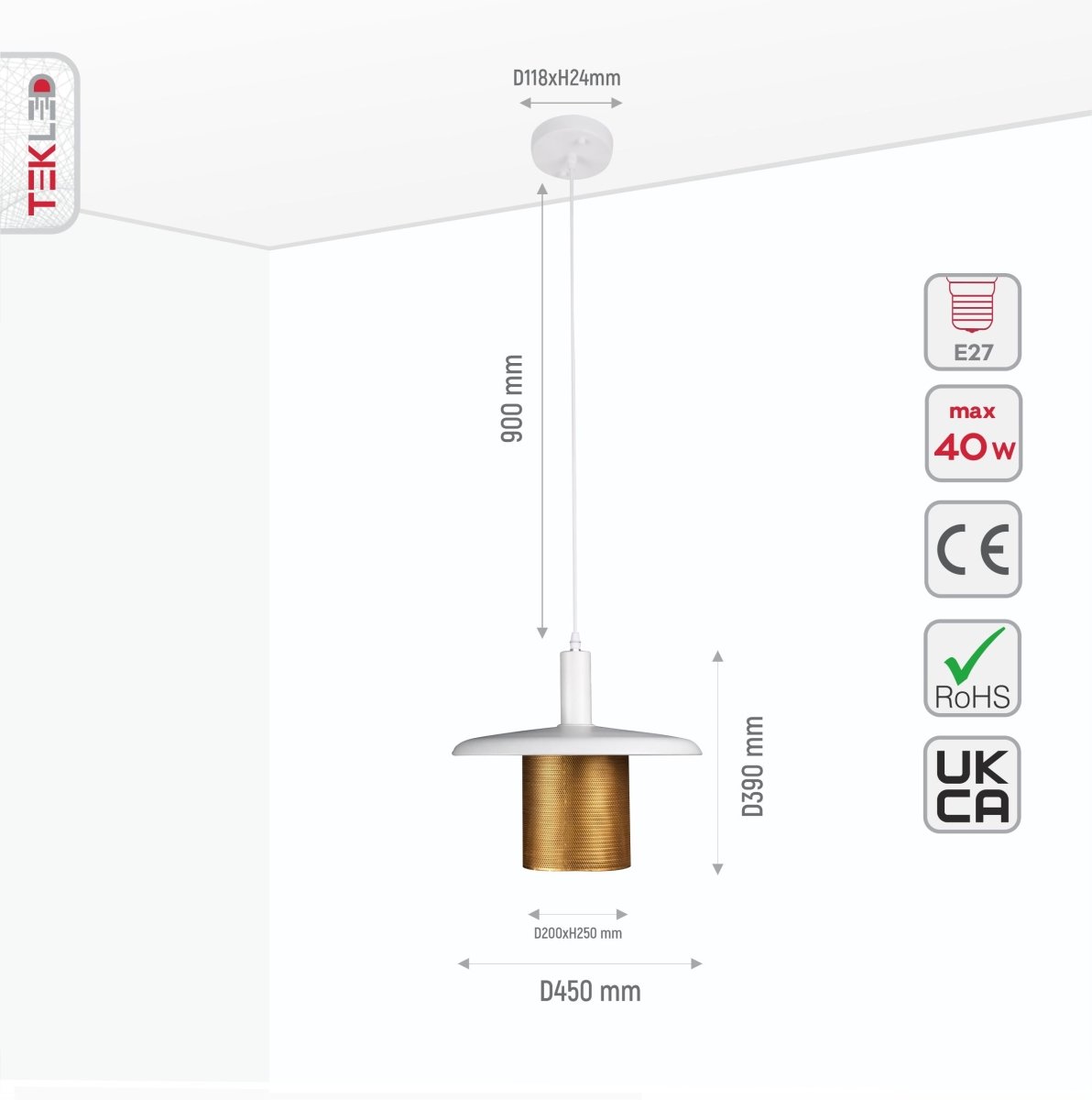 Size and specs of White-Golden Metal Caged Flat Pendant Light Large with E27 Fitting | TEKLED 150-18278