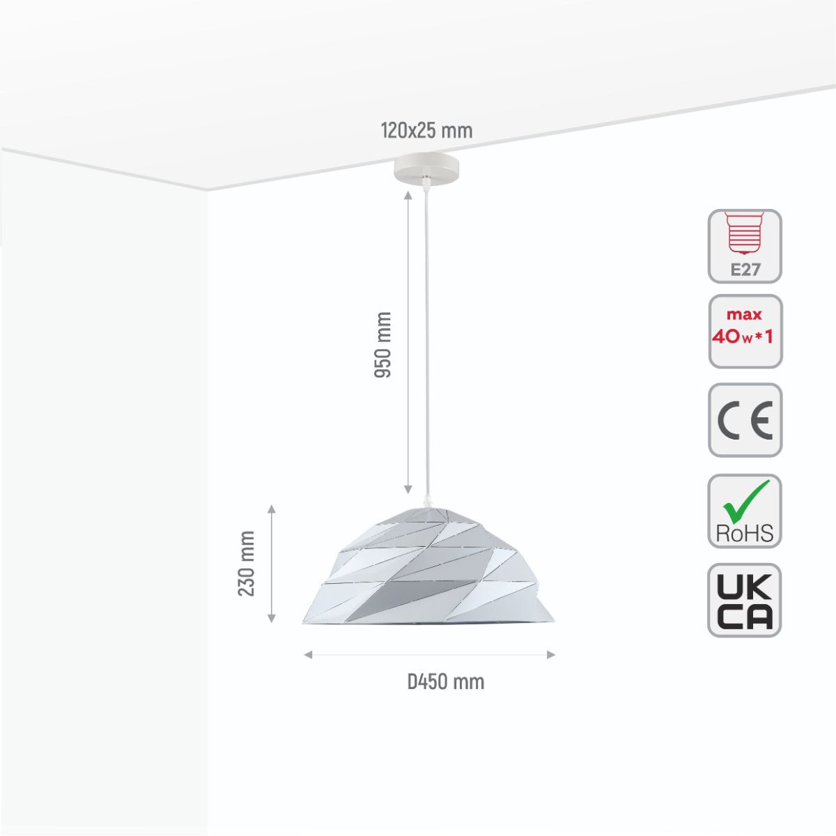 Size and specs of White Metal Laser Cut Dome Modern Pendant Light D450 with E27 Fitting | TEKLED 150-18148