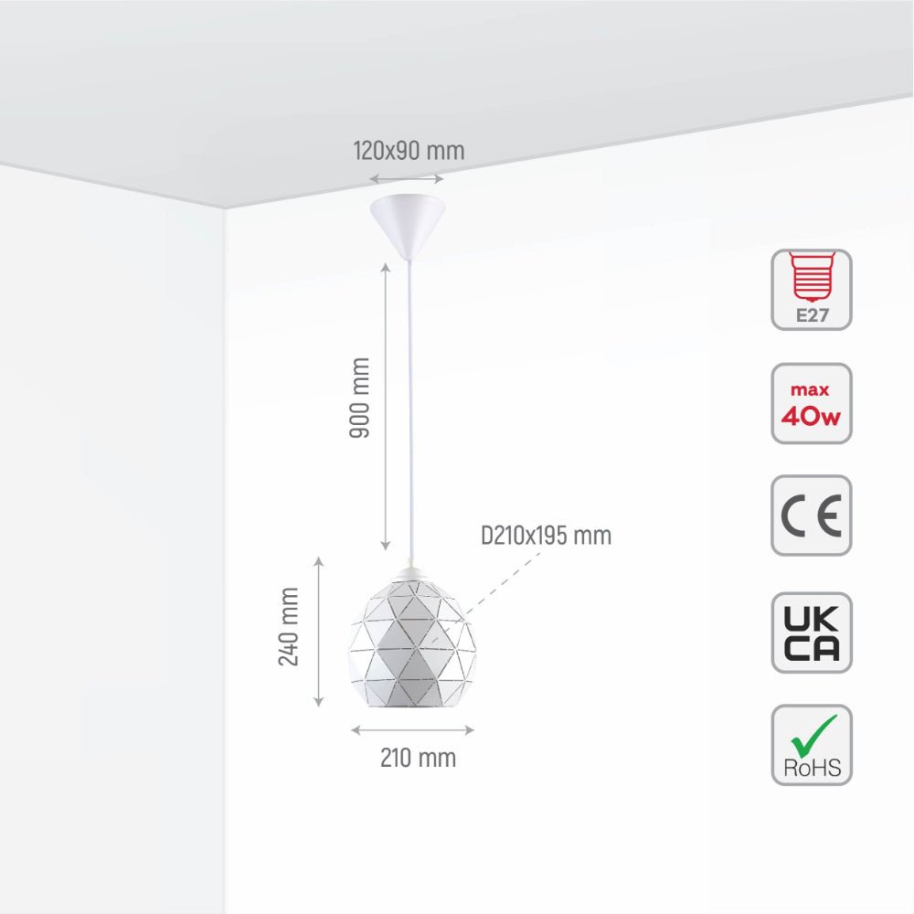 Size and specs of White Metal Laser Cut Dome Pendant Ceiling Light Small with E27 | TEKLED 158-19718