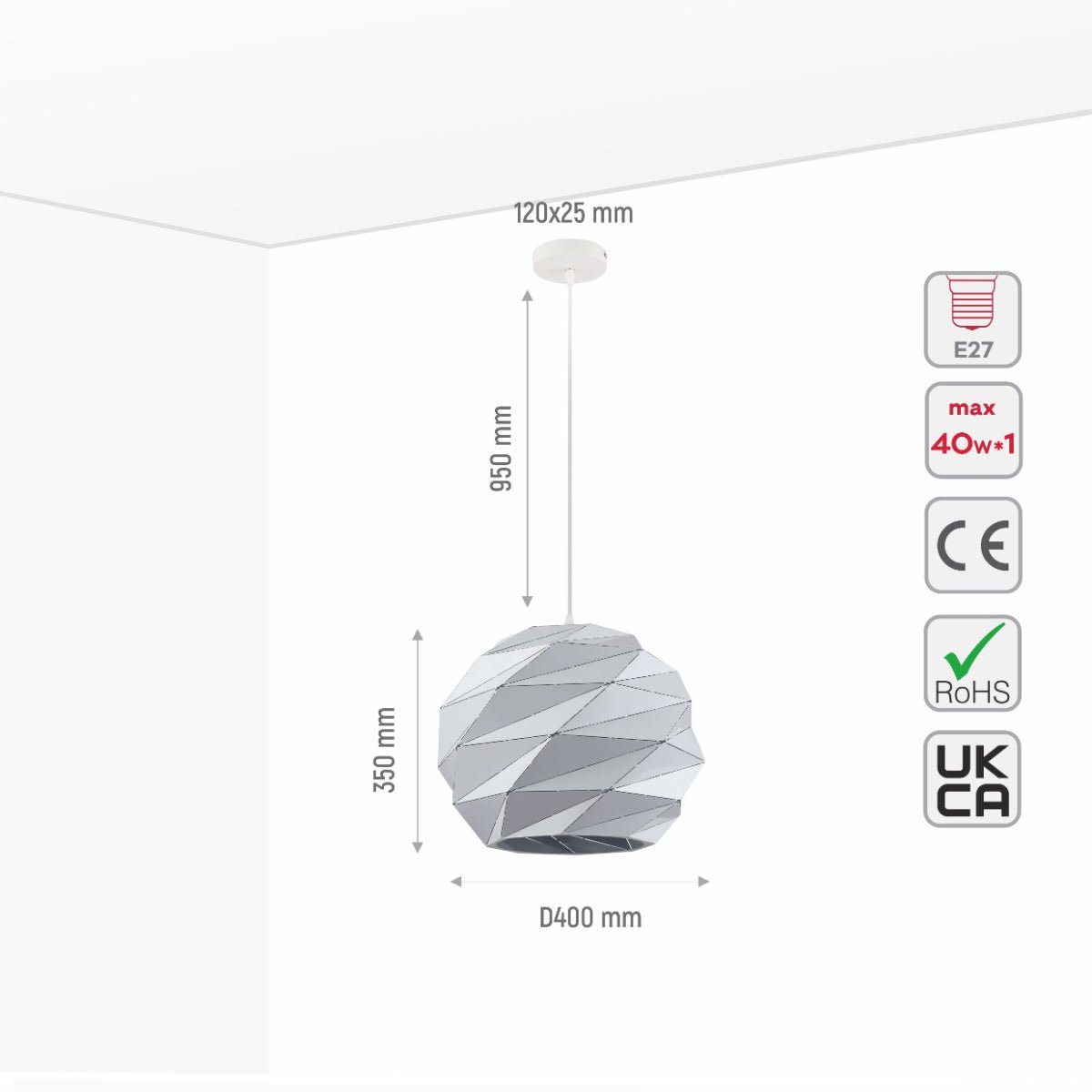 Size and specs of White Metal Laser Cut Globe Pendant Ceiling Light XLarge with E27 | TEKLED 150-18156