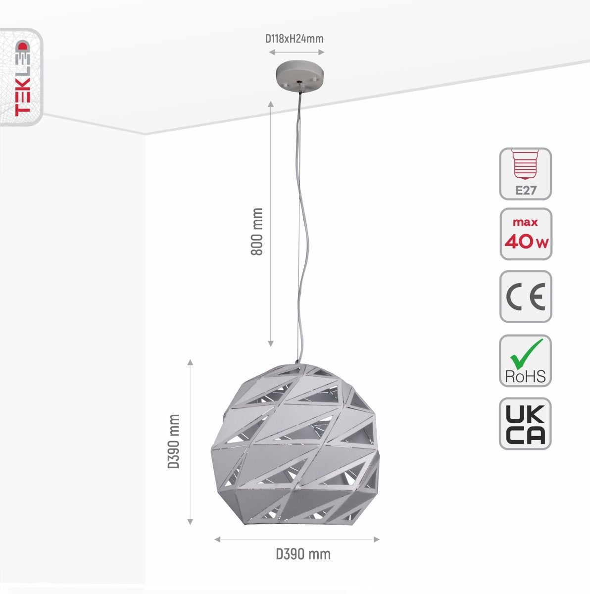 Size and specs of White Metal Laser Cut Globe Pendant Light Jumbo with E27 Fitting | TEKLED 150-18272