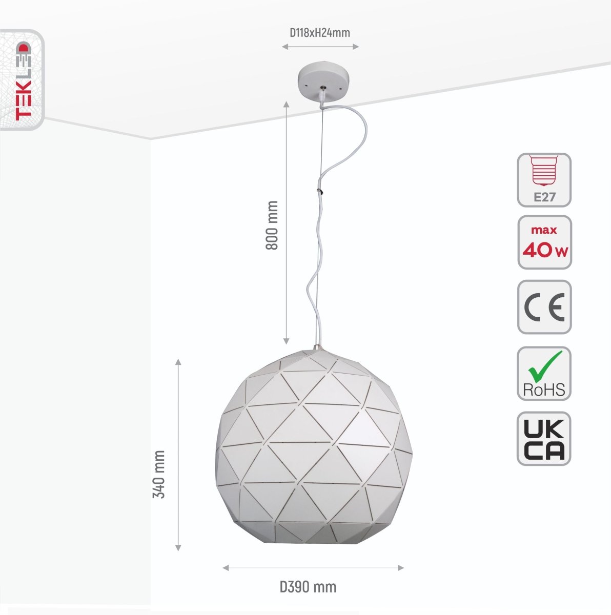 Size and specs of White Metal Laser Cut Globe Pendant Light X Large with E27 Fitting | TEKLED 150-18254