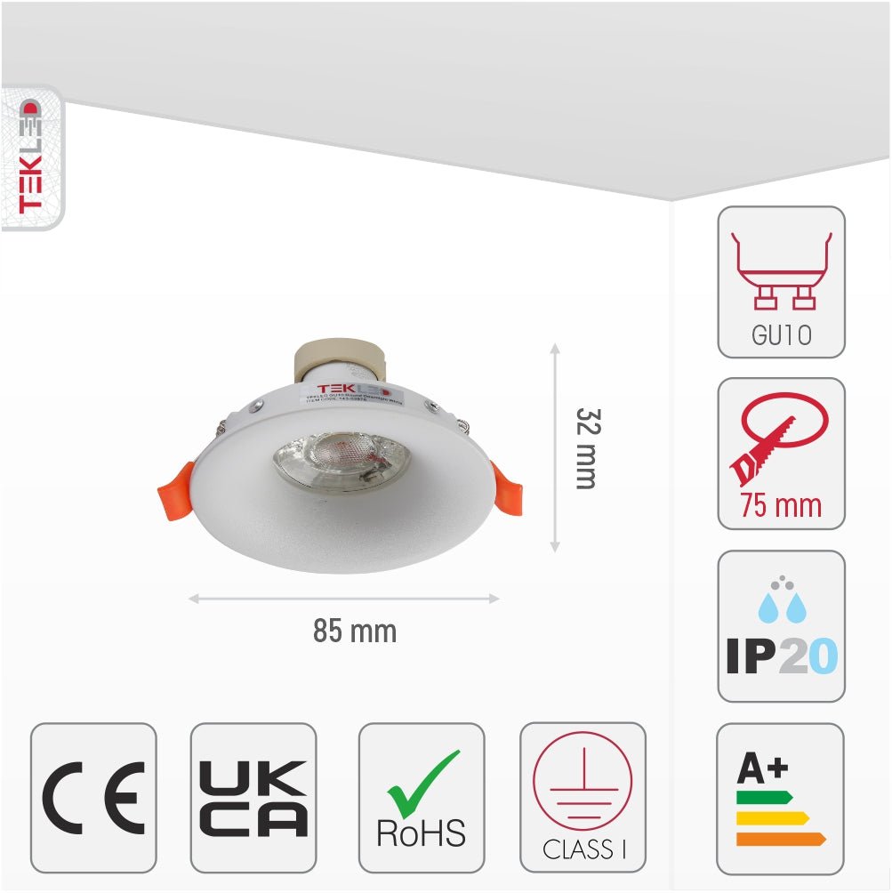 Size and specs of White Round Diecast Aluminium Downlight GU10 | TEKLED 143-03976