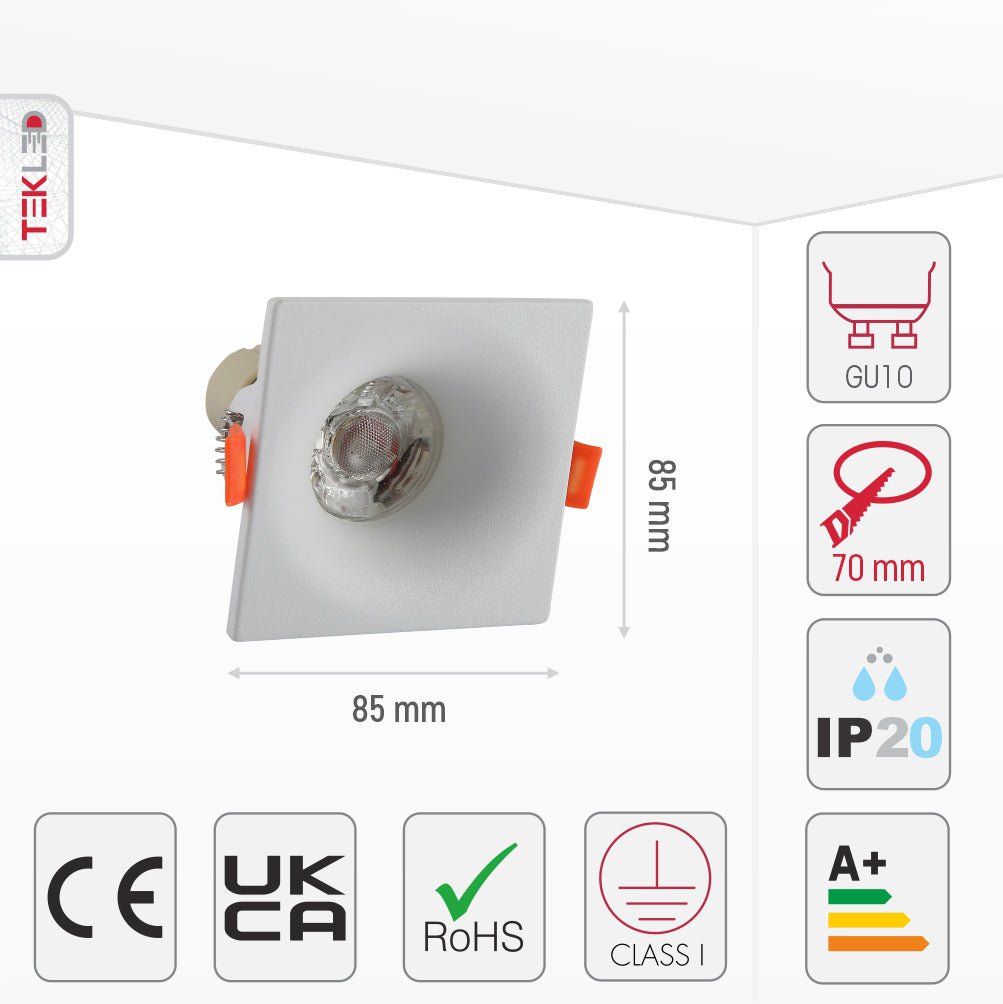 Size and specs of White Square Diecast Aluminium Downlight GU10 | TEKLED 143-03978