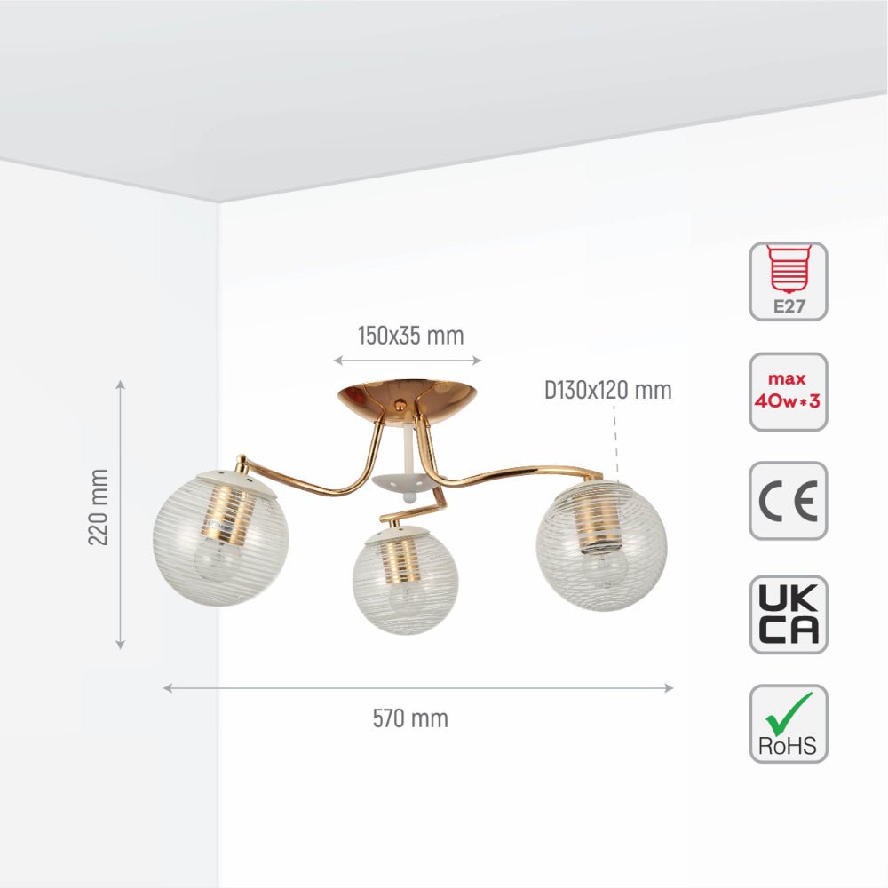 Size and specs of White Striped Clear Globe Gold Semi Flush Ceiling Light E27 | TEKLED 159-17602