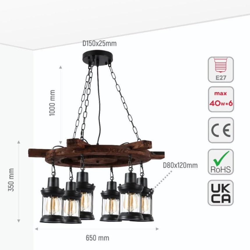 Size and specs of Wood Nautical Marine Lamp Wheel Rustic Chandelier Ceiling Light with 6xE27 Fittings | TEKLED 158-17669