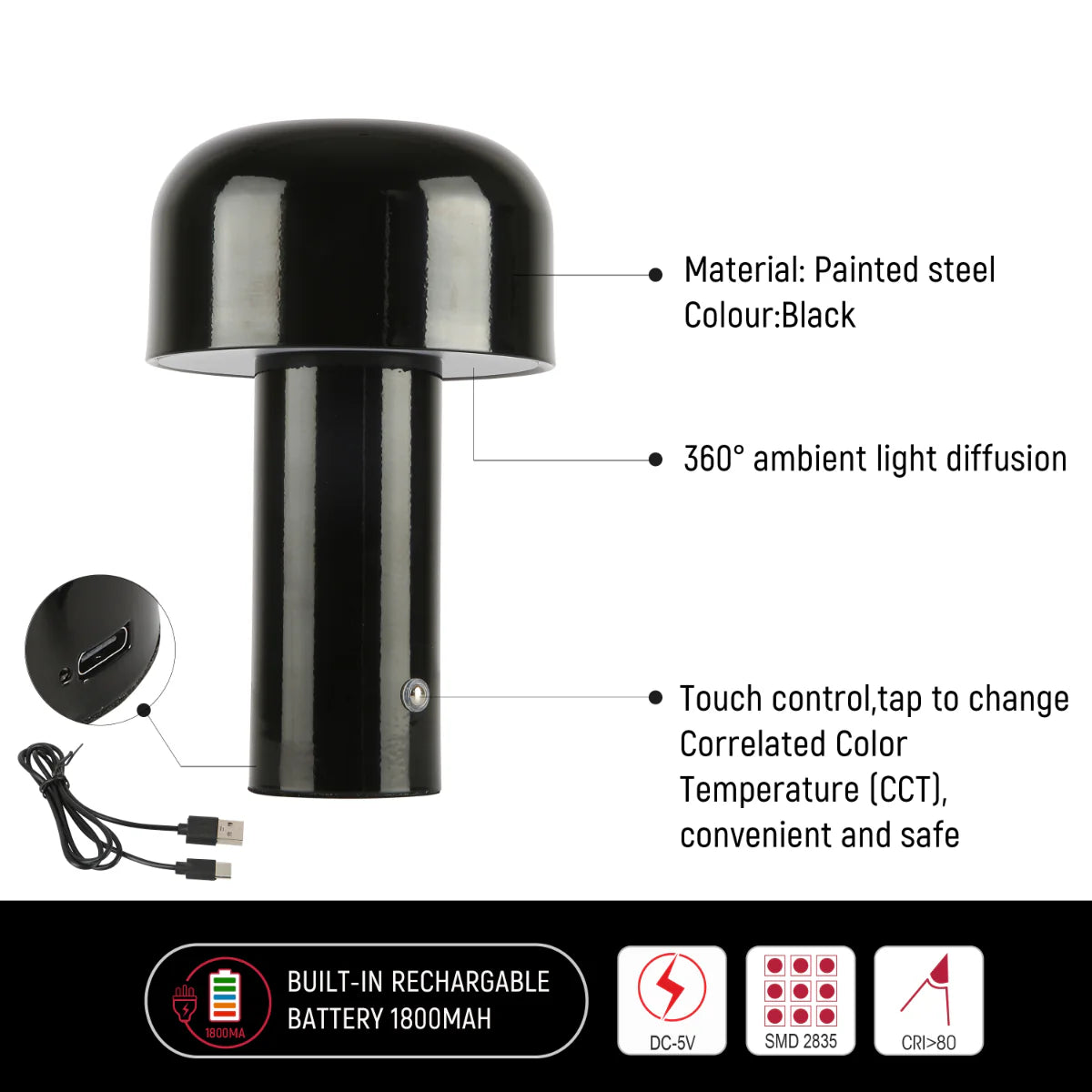 Close shots of Modern Mushroom Rechargeable LED Table Lamp 130-03736