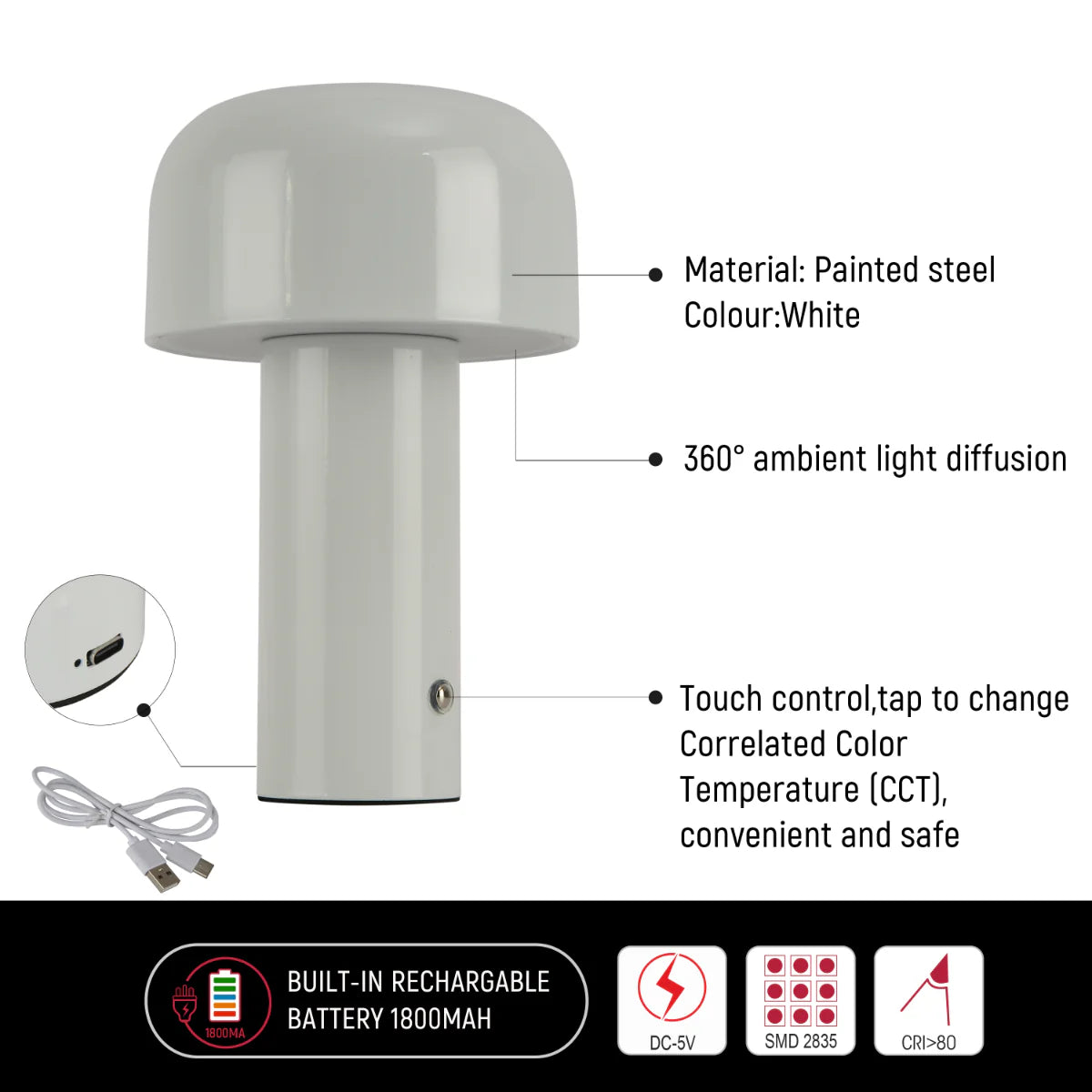 Close shots of Modern Mushroom Rechargeable LED Table Lamp 130-03738