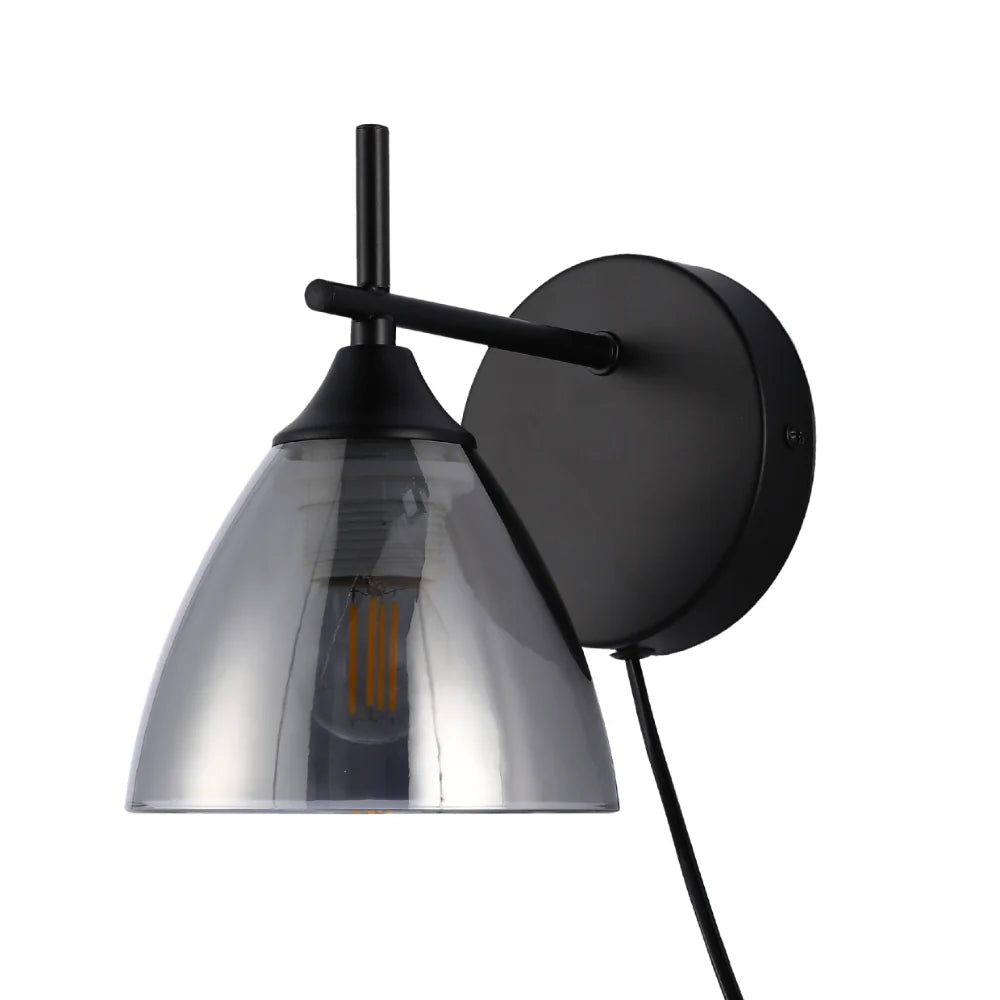 Modern Plug-In Wall Light with Smoky Glass Shade