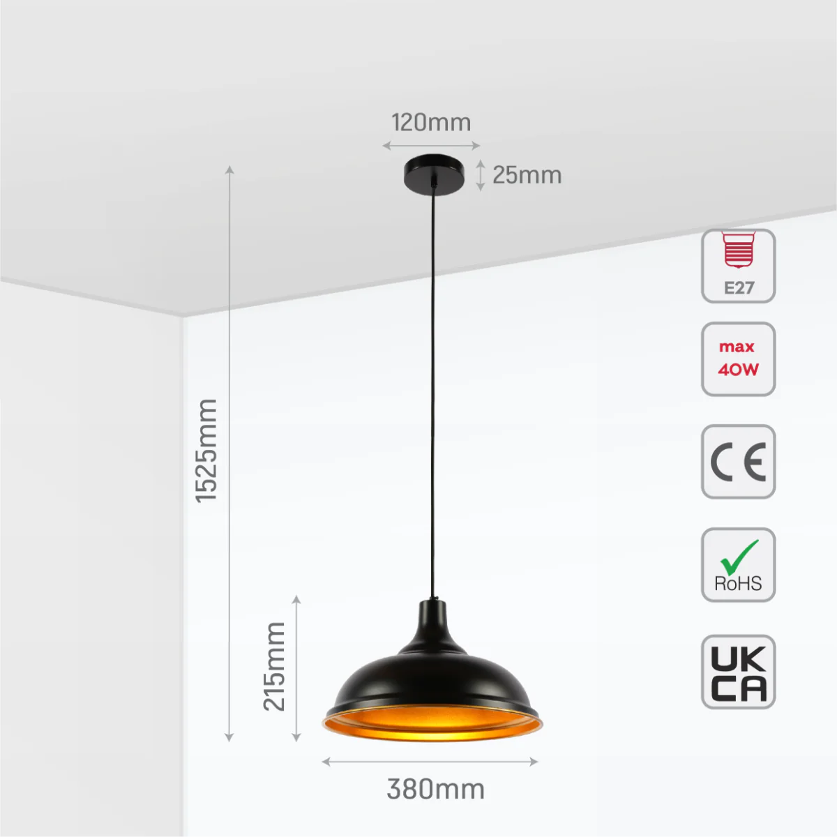 Size and certifications of Modern Step Pendant Light - 38cm Metal Shade in Varied Hues 150-19060