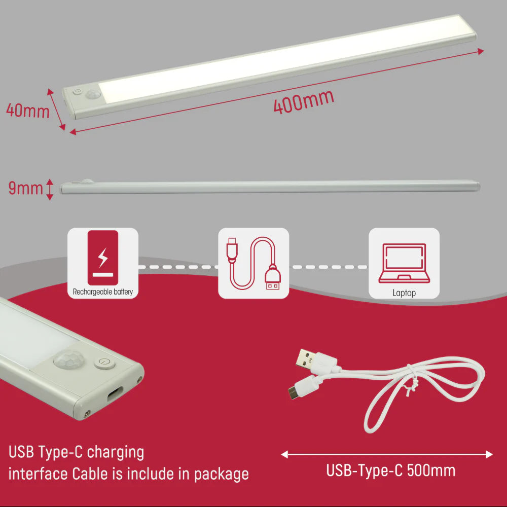 Size and tech specs of TEKLED Motion Sensor LED Cabinet Light with Rechargeable Battery | TEKLED 116-03327