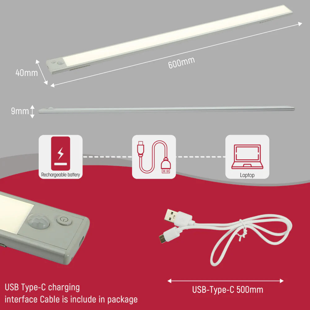 Size and tech specs of TEKLED Motion Sensor LED Cabinet Light with Rechargeable Battery | TEKLED 116-03333