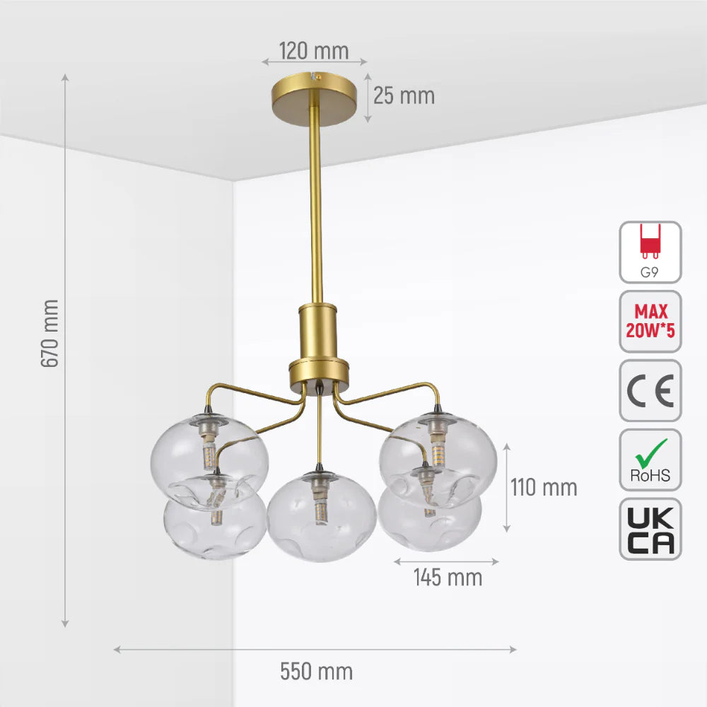 Close up of Multi-Arm Dimpled Globe Ceiling Light Elegant Gold | TEKLED 158-19698