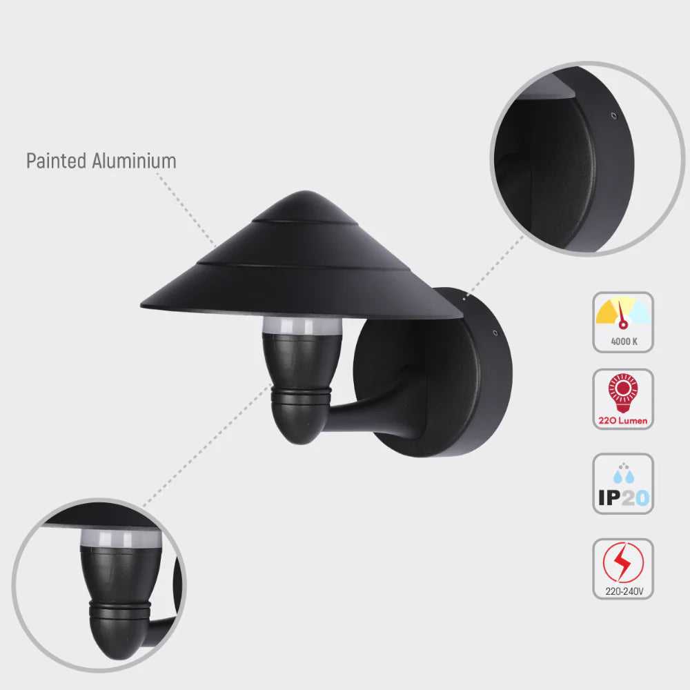 Mushroom Black Cone Modern LED Outdoor Lantern Wall Light