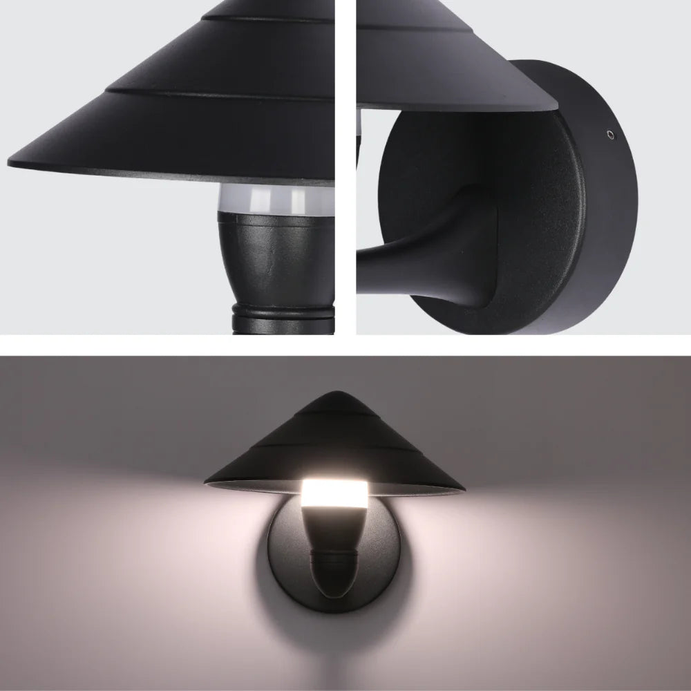 Mushroom Black Cone Modern LED Outdoor Lantern Wall Light