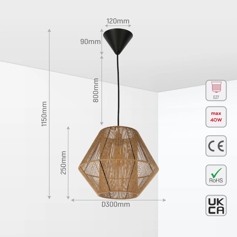 Size and tech specs of Natural Jute Light Shade Pendant Ceiling Light | TEKLED 150-18206