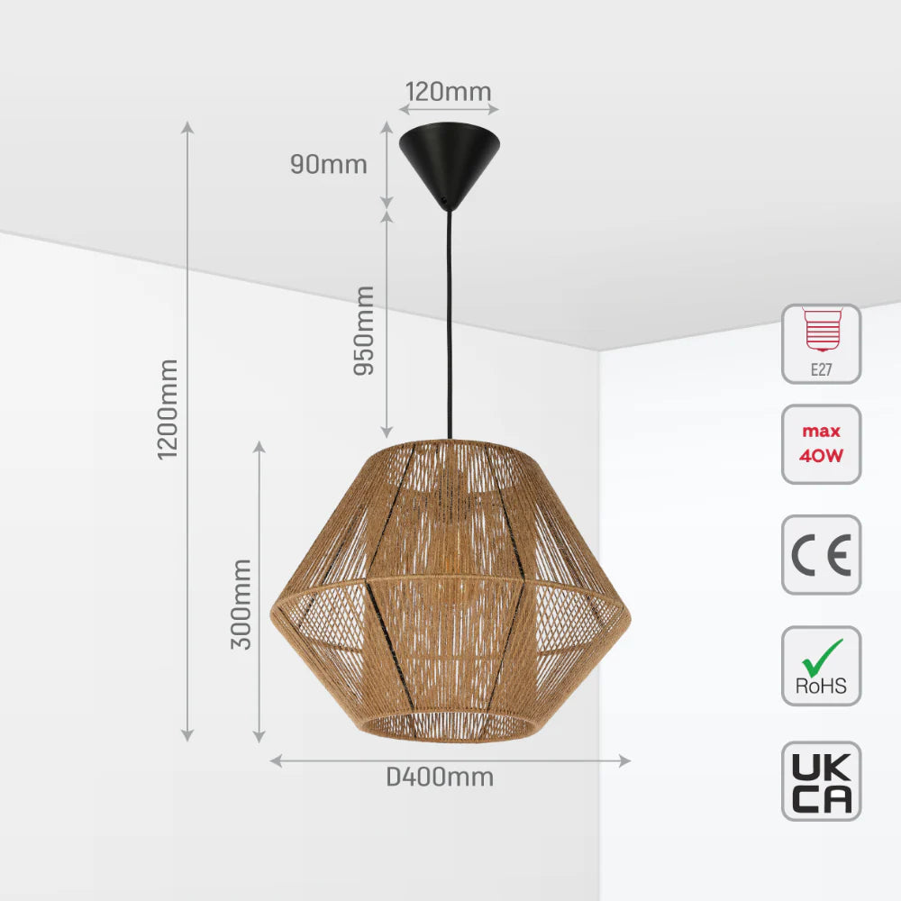 Size and tech specs of Natural Jute Light Shade Pendant Ceiling Light | TEKLED 150-18208