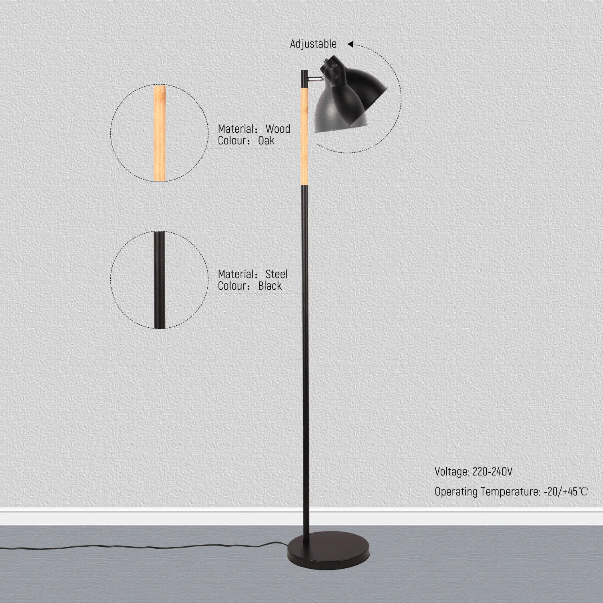 Close shots of Nordic Floor Lamp with Wood Accent - E27, Rotatable Shade, 3 Finishes 130-03526