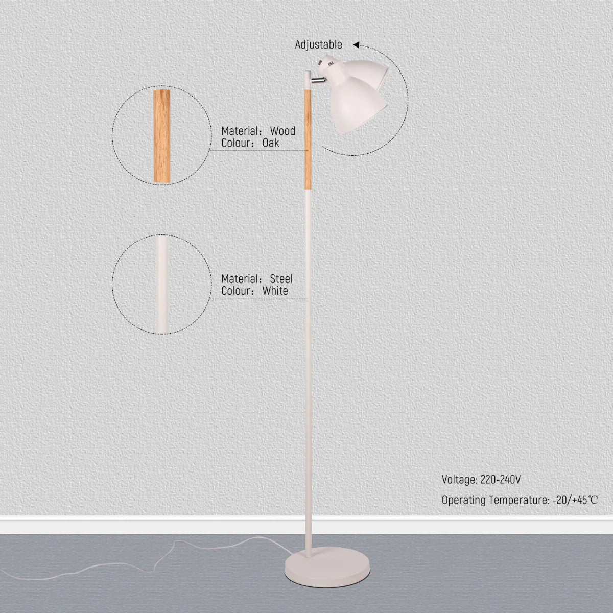 Close shots of Nordic Floor Lamp with Wood Accent - E27, Rotatable Shade, 3 Finishes 130-03528