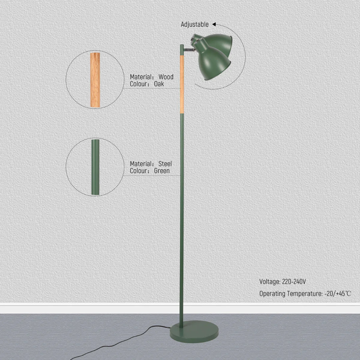 Technical specs of Nordic Floor Lamp with Wood Accent - E27, Rotatable Shade, 3 Finishes 130-03530