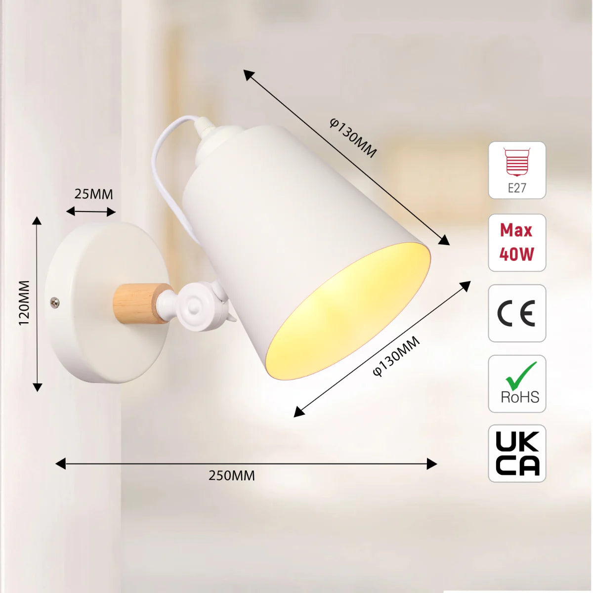 Size and certifications of Nordic Sleek Adjustable Wall Lamp - Modern Tapered Cone Design in Black or White 151-03012