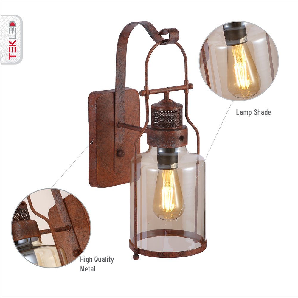 Features of Old Brown Metal Amber Glass Cylinder Wall Light with E27 Fitting