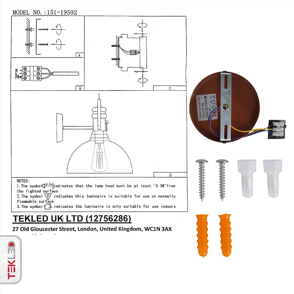 User manual and installation tools of Old Brown Metal Dome Wall Light with E27 Fitting