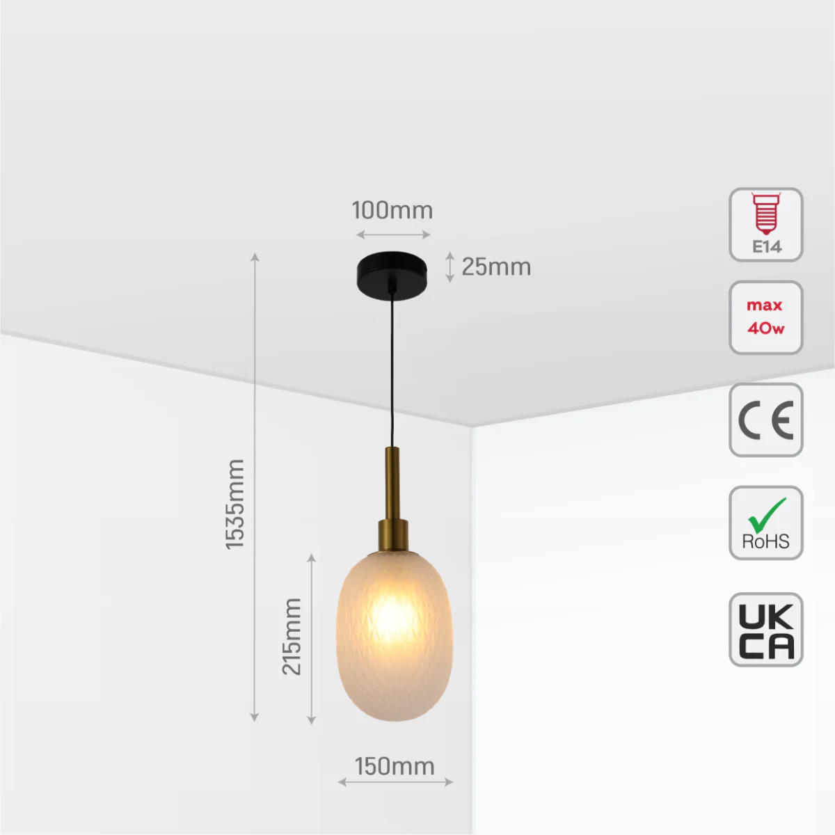 Size and certifications of Opalescent Ellipsoid Pendant Light with Gold Detail 150-19022