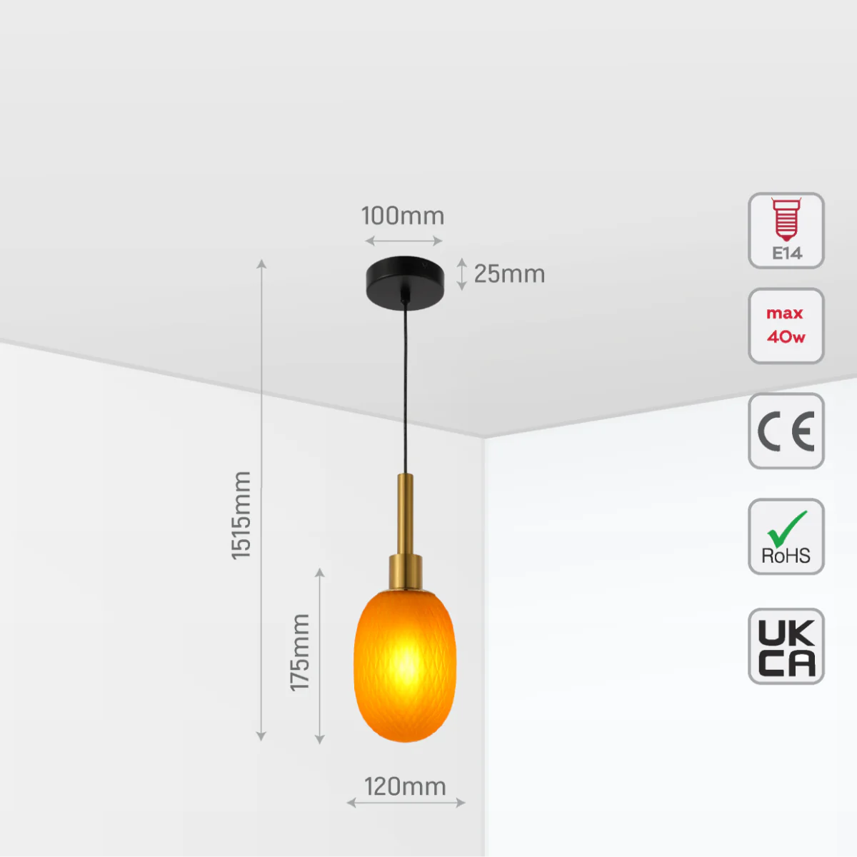 Size and certifications of Opalescent Ellipsoid Pendant Light with Gold Detail 150-19024