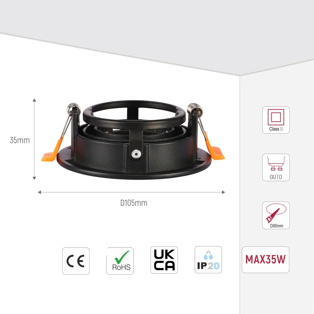 Size and technical specs of the Orbit Tilt GU10 Recessed  Downlight-143-03998