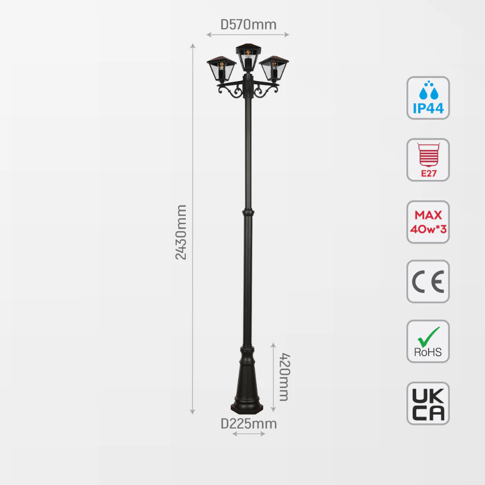 Paravento Outdoor Garden Pathway Lamp Post Top 3 Light Black