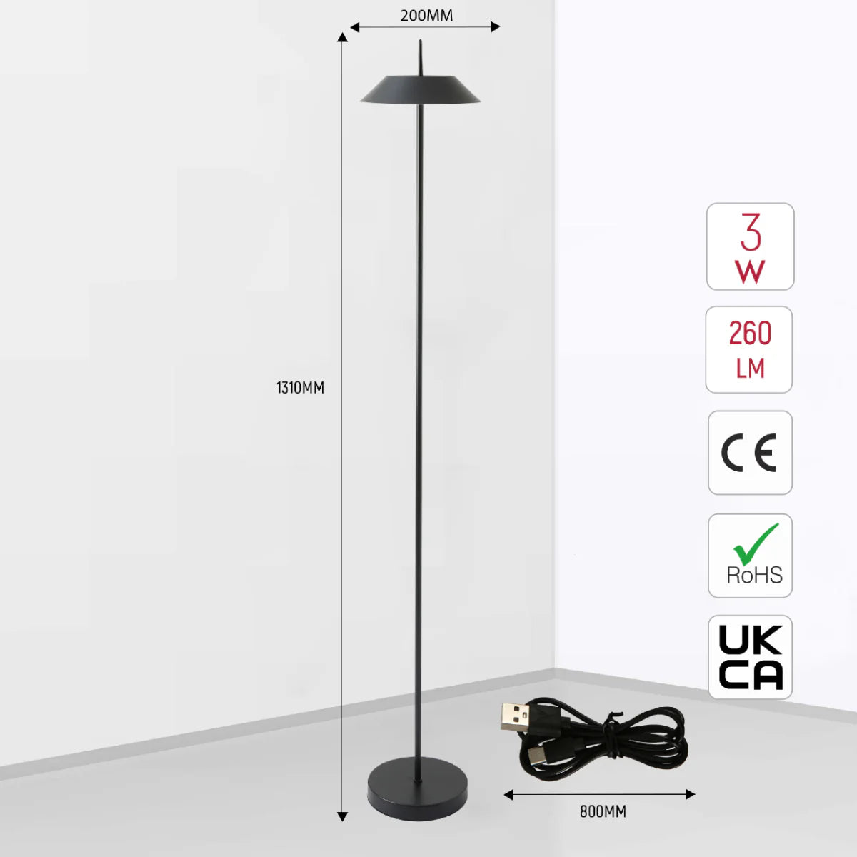 Size and certifications of Portable LED Floor Lamp with Dimmable CCT - Sleek Design, 131cm 130-03538