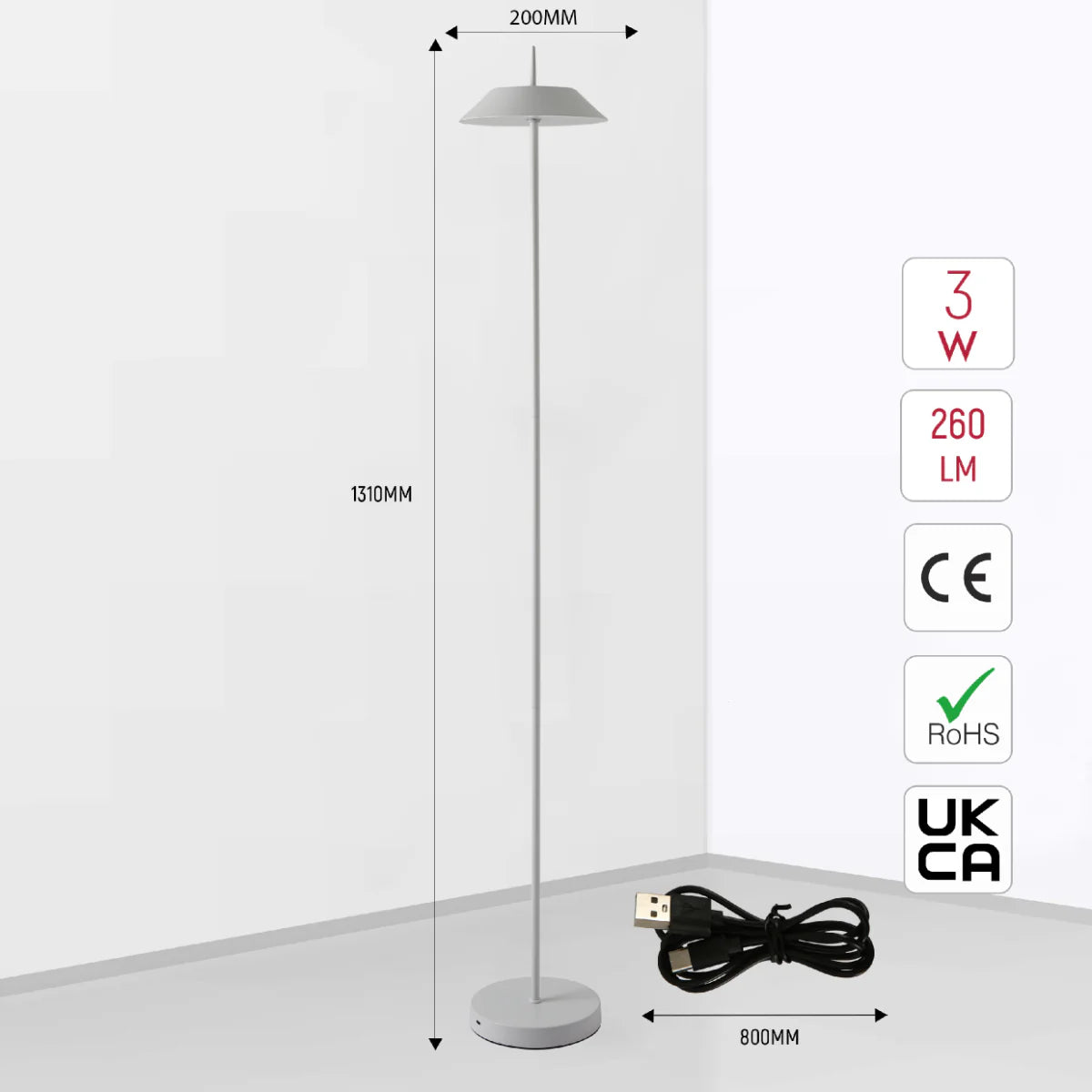 Size and certifications of Portable LED Floor Lamp with Dimmable CCT - Sleek Design, 131cm 130-03540