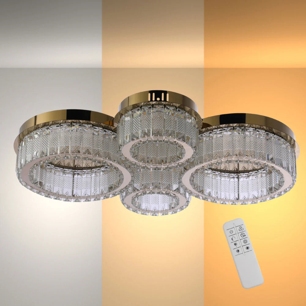 Quadruple-ring Crystal Flush Ceiling Chandelier Light with Remote Control 3 Colour