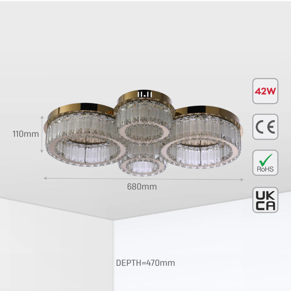 Quadruple-ring Crystal Flush Ceiling Chandelier Light with Remote Control 3 Colour