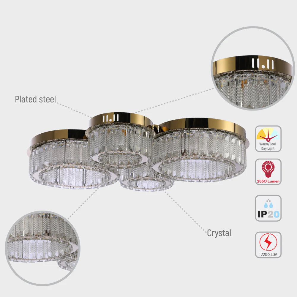 Quadruple-ring Crystal Flush Ceiling Chandelier Light with Remote Control 3 Colour