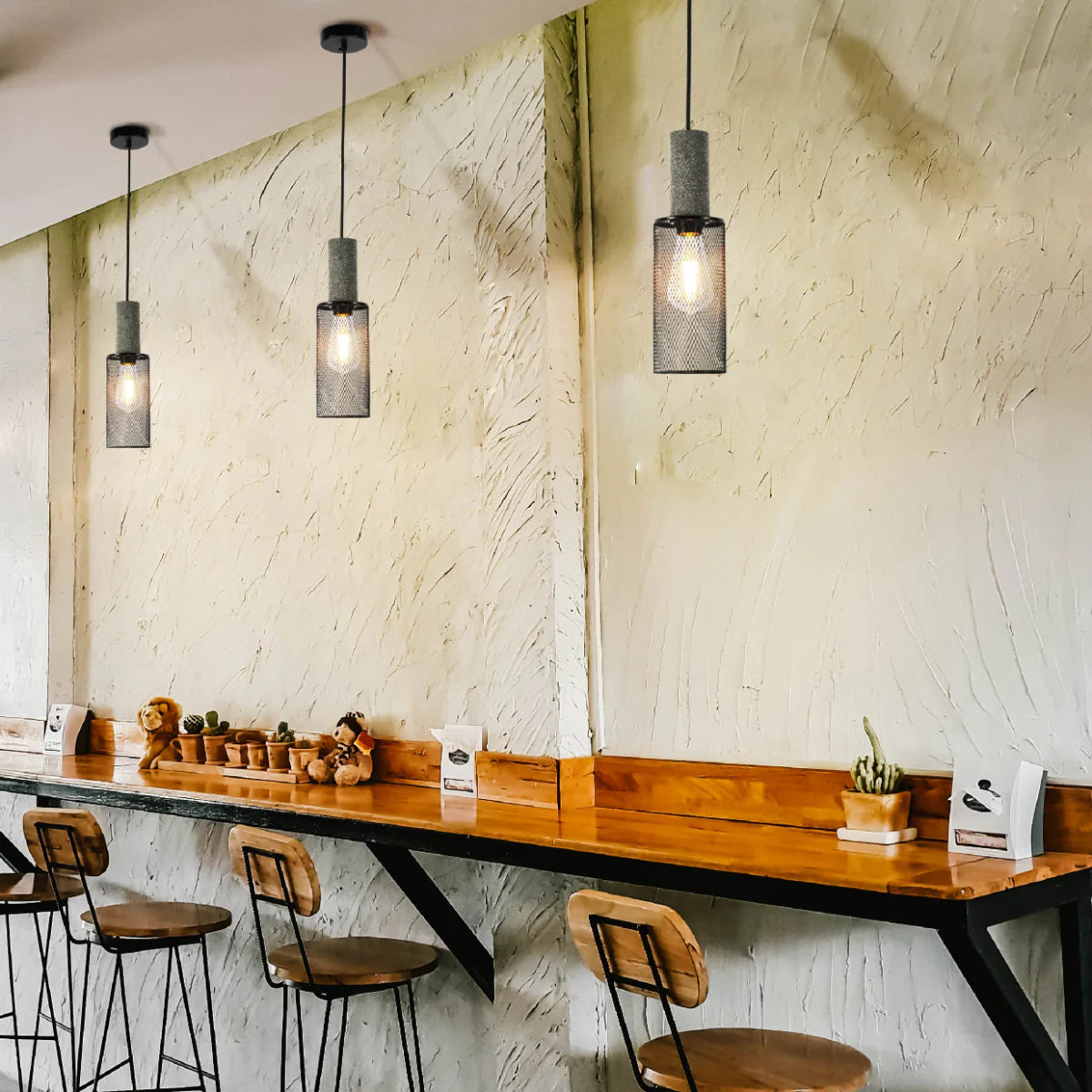 Usage of Quartet of Textured Concrete Pendant Lights with Metal Shades - TEKLED 150-19050