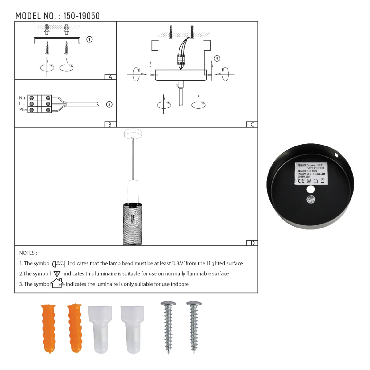 Technical specs of Quartet of Textured Concrete Pendant Lights with Metal Shades - TEKLED 150-19050