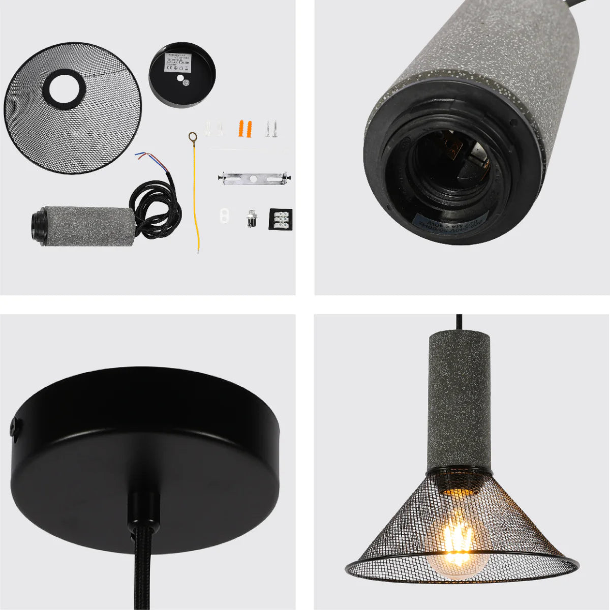 Close shots of Quartet of Textured Concrete Pendant Lights with Metal Shades - TEKLED 150-19052