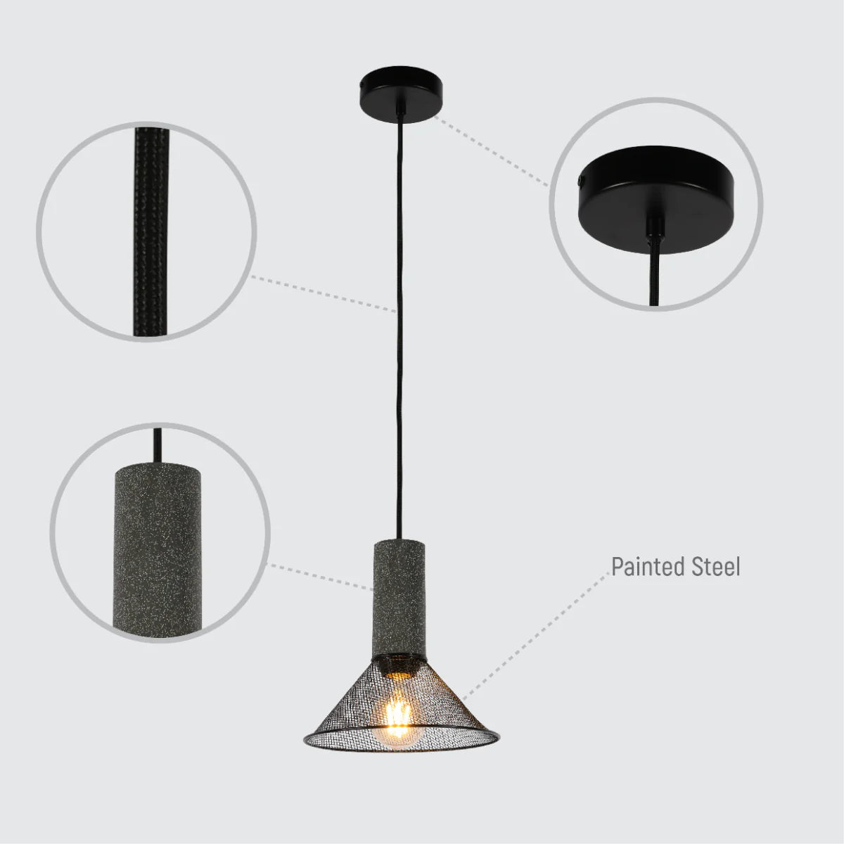 Lighting properties of Quartet of Textured Concrete Pendant Lights with Metal Shades - TEKLED 150-19052