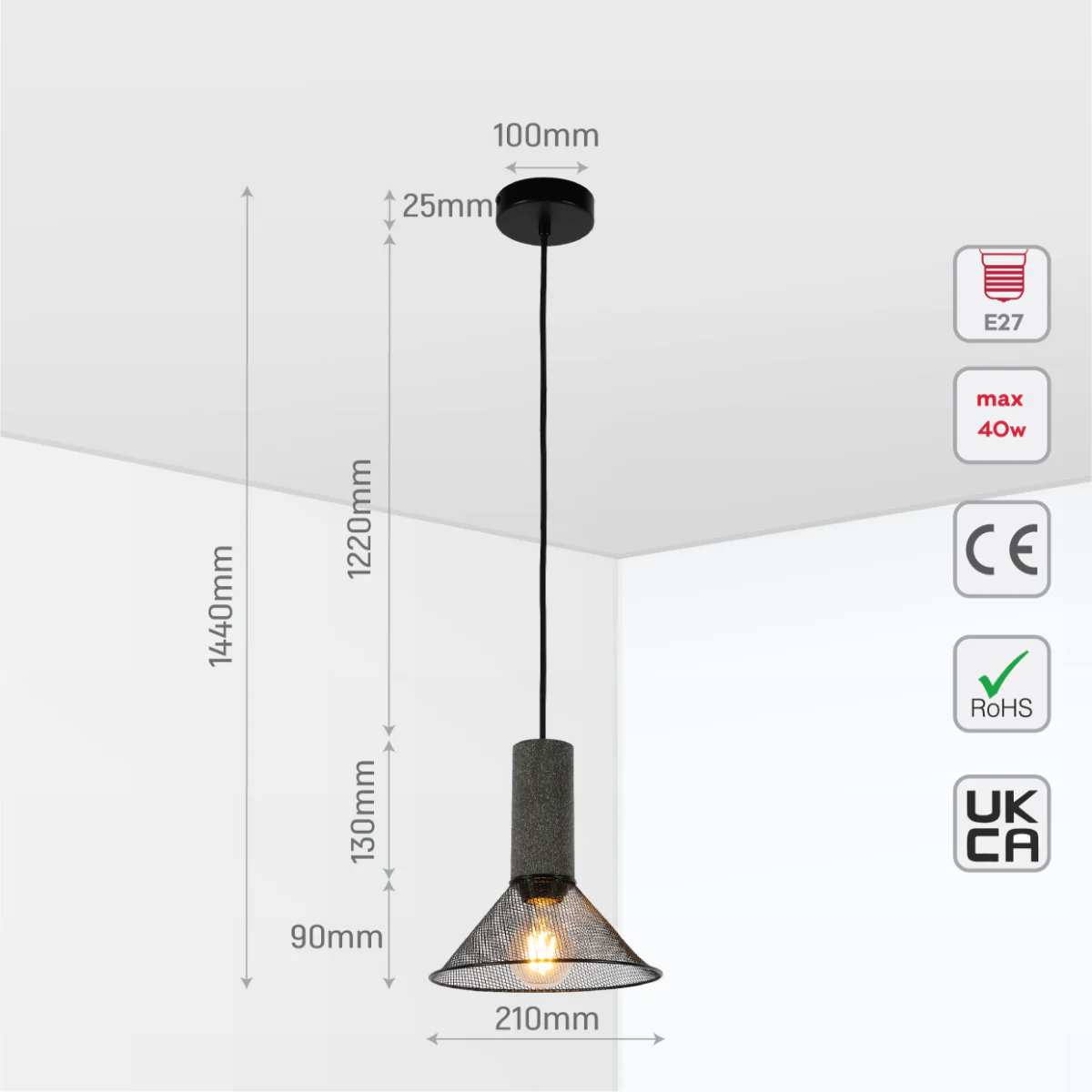 Size and certifications of Quartet of Textured Concrete Pendant Lights with Metal Shades - TEKLED 150-19052