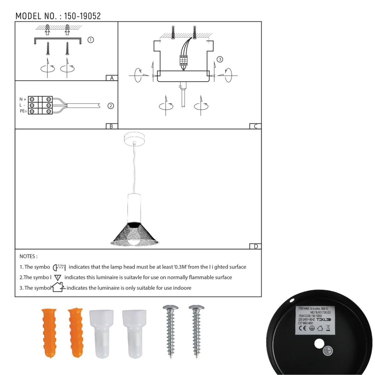 Technical specs of Quartet of Textured Concrete Pendant Lights with Metal Shades - TEKLED 150-19052