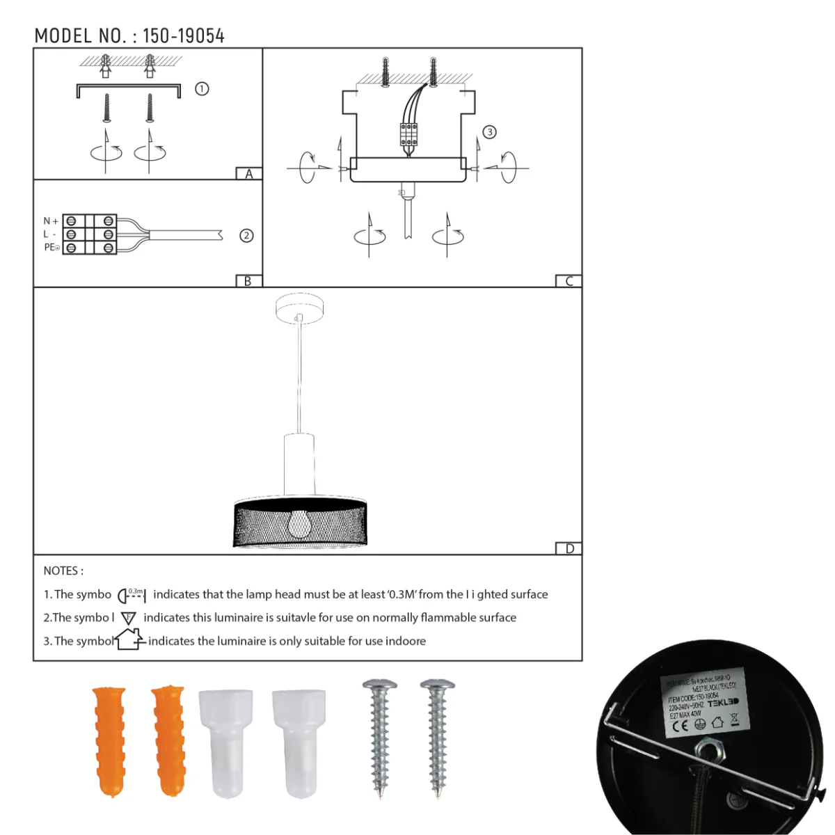 Technical specs of Quartet of Textured Concrete Pendant Lights with Metal Shades - TEKLED 150-19054