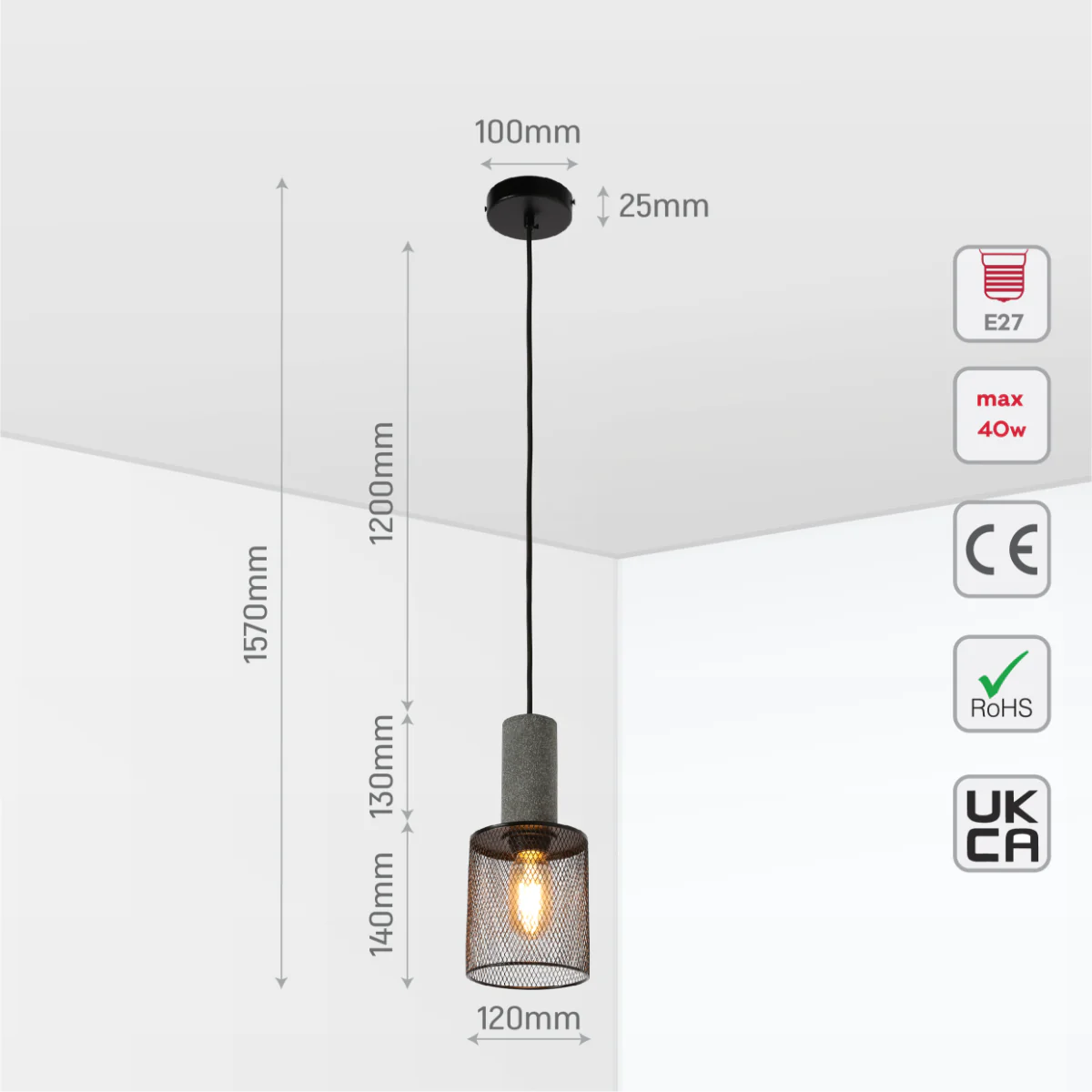 Size and certifications of Quartet of Textured Concrete Pendant Lights with Metal Shades - TEKLED 150-19056