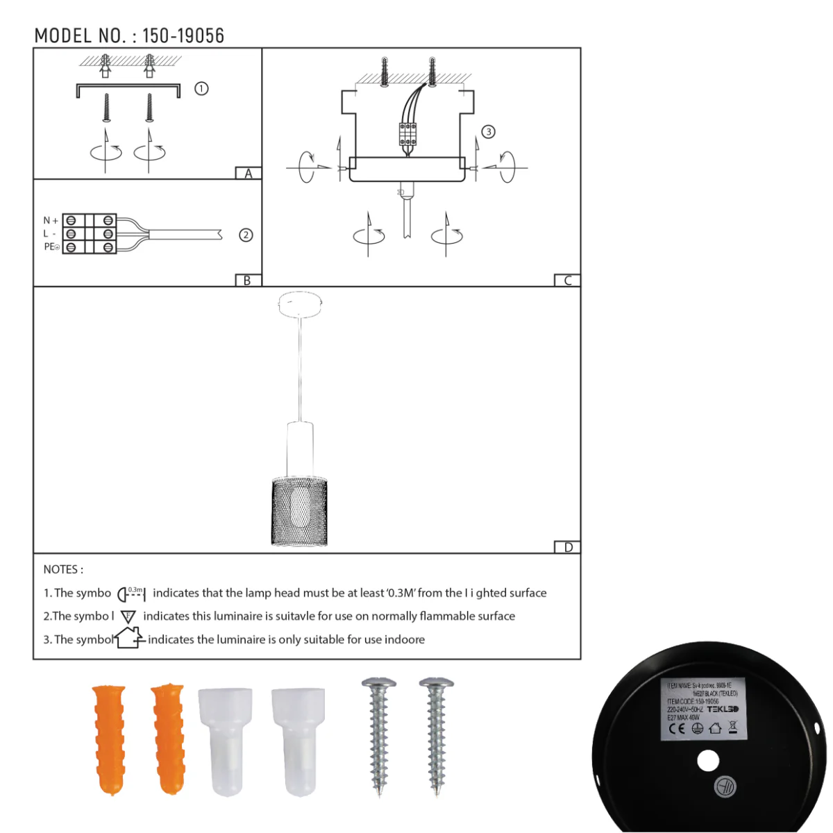 Technical specs of Quartet of Textured Concrete Pendant Lights with Metal Shades - TEKLED 150-19056